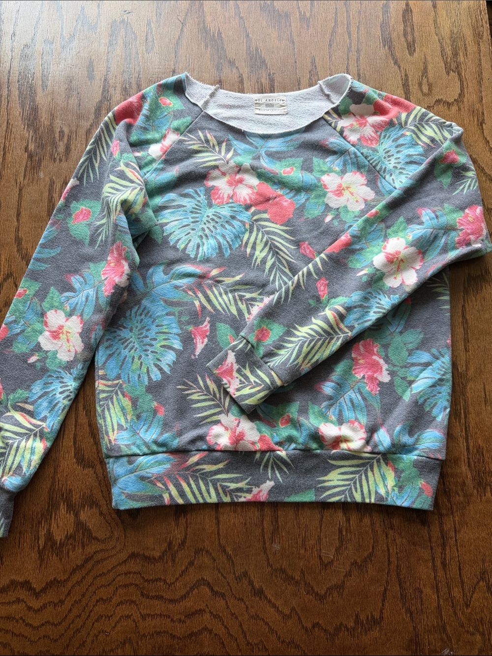 Sol Angeles Floral Crewneck Sweater in Gray with Pink & Teal Print